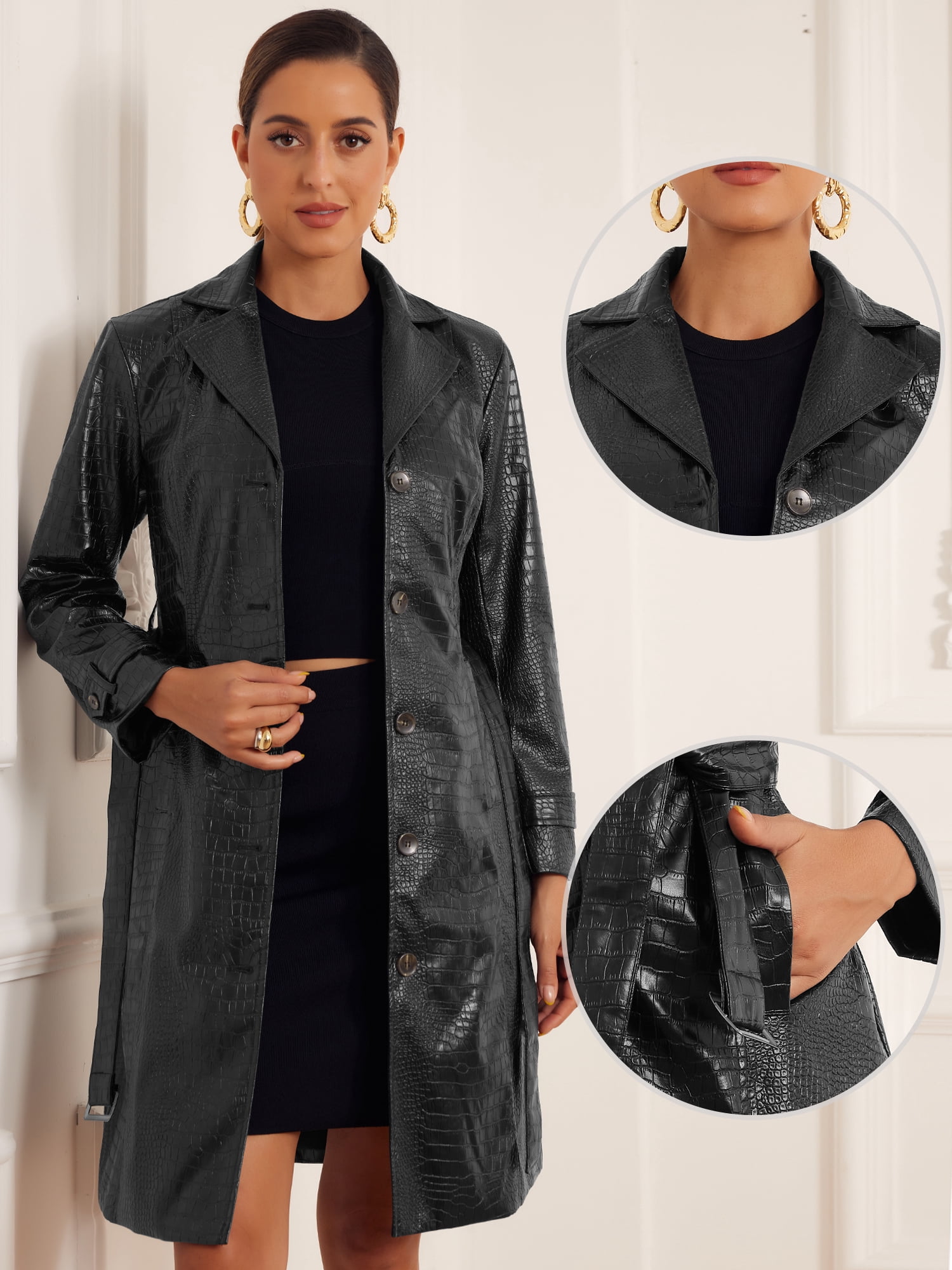 DARING DIVA Women's Pu Leather Long Trench Coat with Belt Casual Jackets L Black
