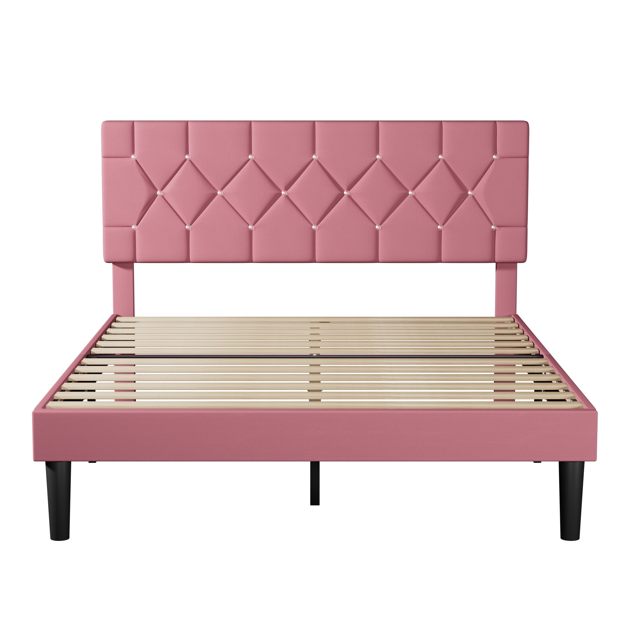 VECELO Full Size Platform Bed Frame, Modern Upholstered Bed Frame with Diamond Tufted Headboard, No Box Spring Needed, Easy Assembly, Pink