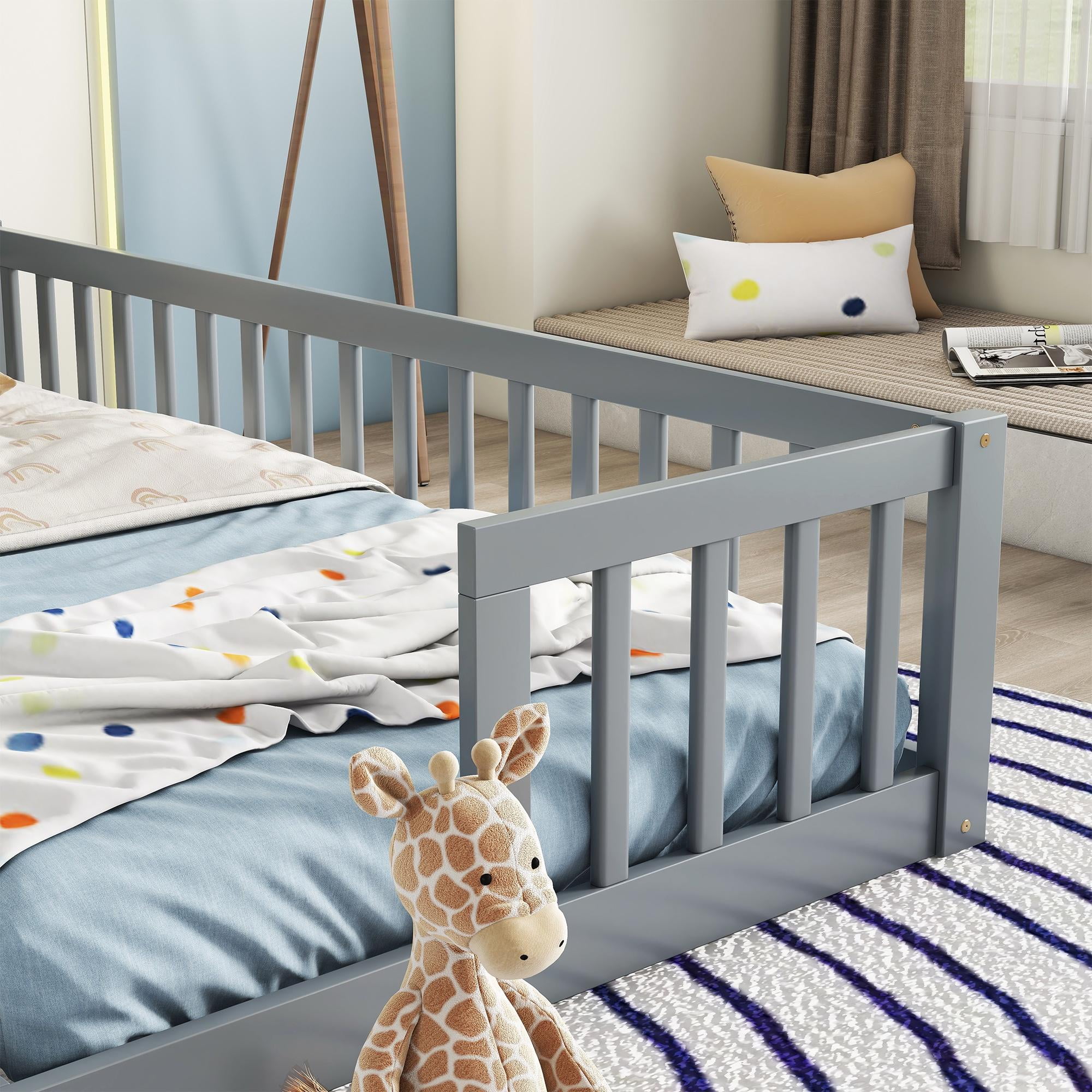 PORKISS Twin Size Floor Bed for Kids, Double Wood Montessori Bed Frame with Fence, Grey