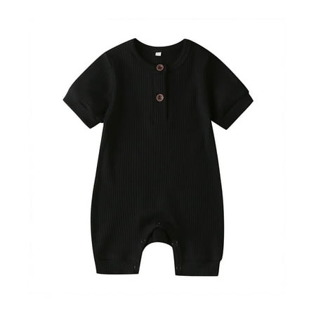 

Douhoow Infant Baby Short Sleeve Jumpsuits Solid Color Knit Rib O Neck Button Cotton Romper