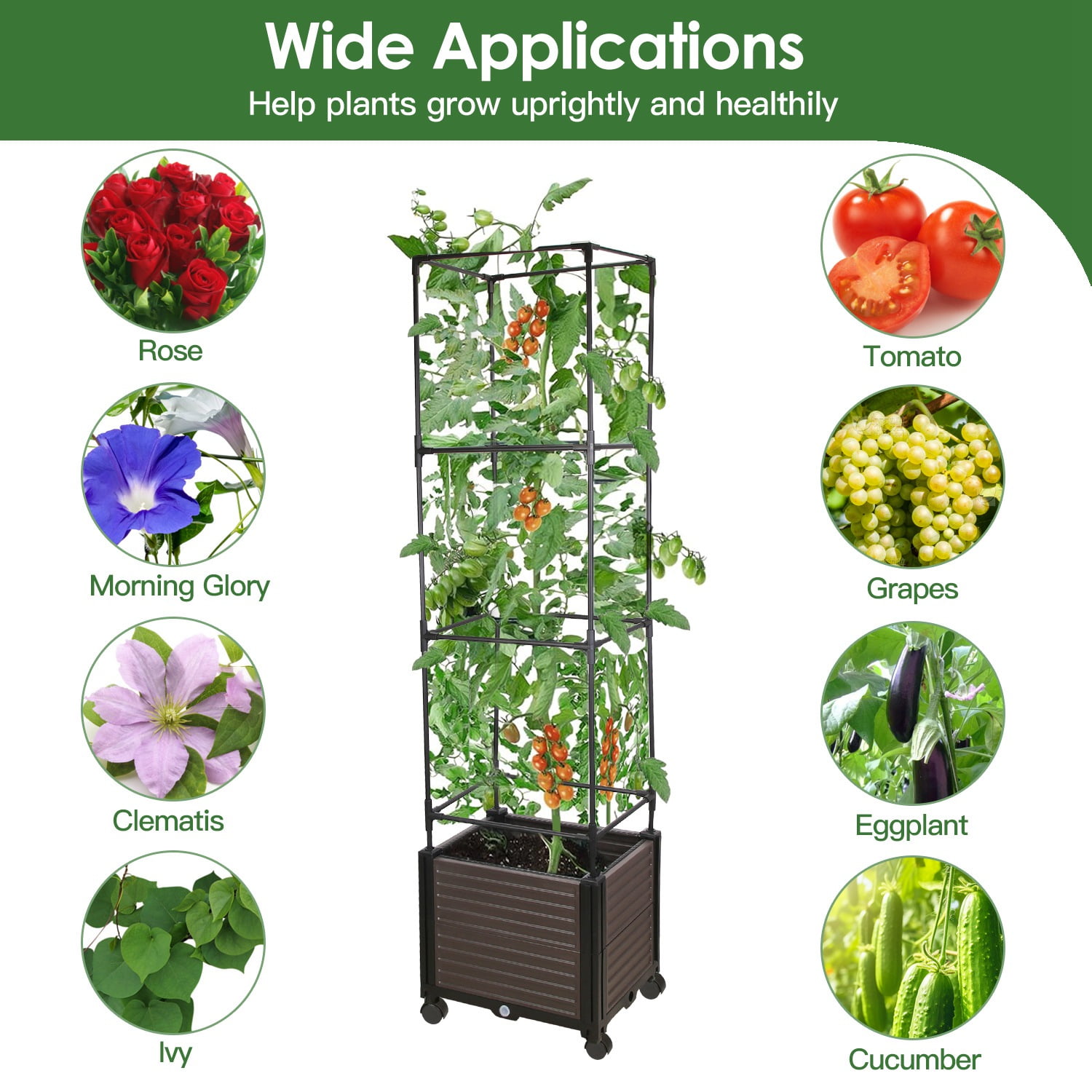 Large Tall Raised Garden Bed with Trellis for Climbing Plants, 63in Expandable Vertical Planter with 4 Lockable Wheels Outdoor Indoor Planter Box for Vines Tomatoes Cucumbers on Patio, Balcony Deck