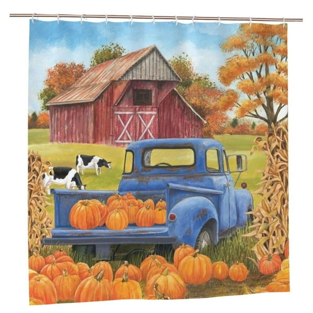 Fall Shower Curtain for Bathroom,Autumn Blue Truck Waterproof Bath