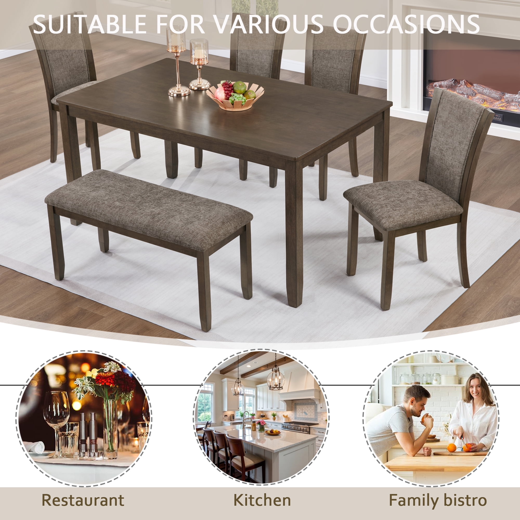 Gewnee Dining Set for 6,Farmhouse 6 Piece Dining Table Sets with Bench,Rectangle Wood Kitchen Table and 4 Upholstered Chairs.Dark walnut