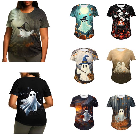 Plus Size Women's Halloween Ghost Printed T-Shirt Summer Fall Crewneck Short Sleeve Graphic Tee Tops M-5XL
