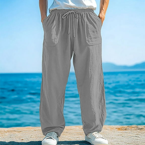 CQONEPT Men's Big and Tall Linen Cotton Pant Casual Outfits Baggy Pant Lightweight Comfortable Trousers with Pockets Gray XL