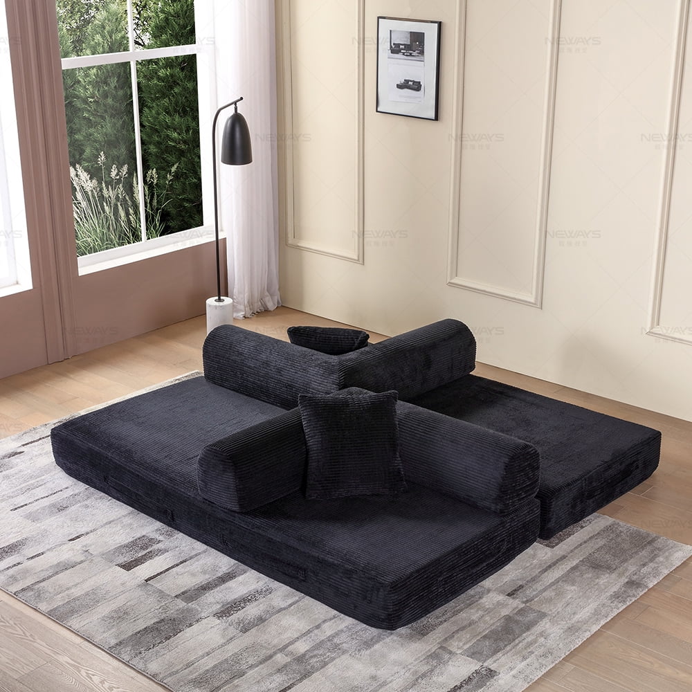 Miniyam 2 in 1 Black Sleeper Sofa Floor Couch with 2 Cylindrical Pillow Cloud Corduroy Foldable Mattress Couch with Fixed-Shape Frame 3 Seat, 78 W x 35.4 L x 26.7 H