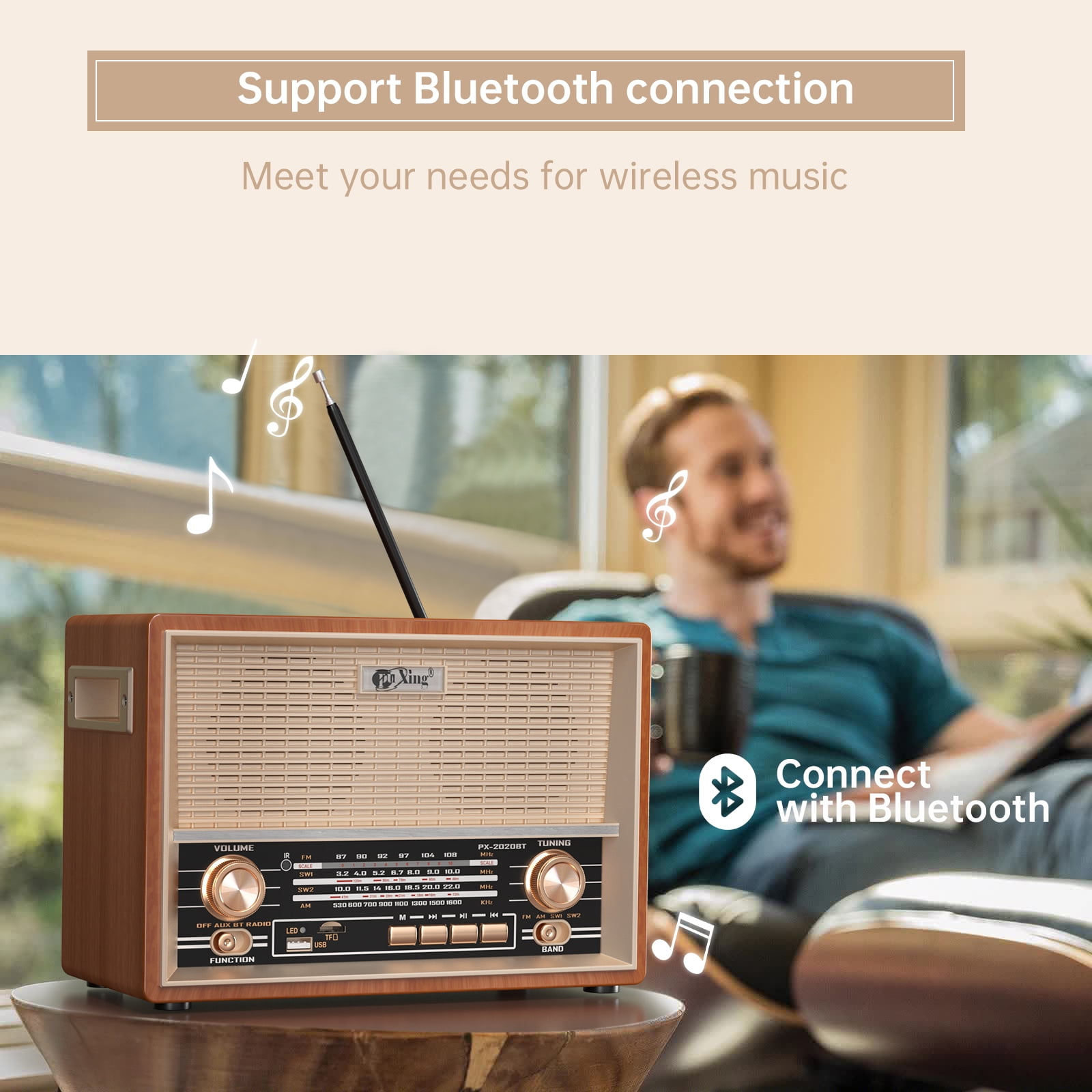 AM FM Radio Retro Table Top Radio, Portable Speaker Plug in Wall, Reception with AUX, Headphone Jack for Home Outdoor Office