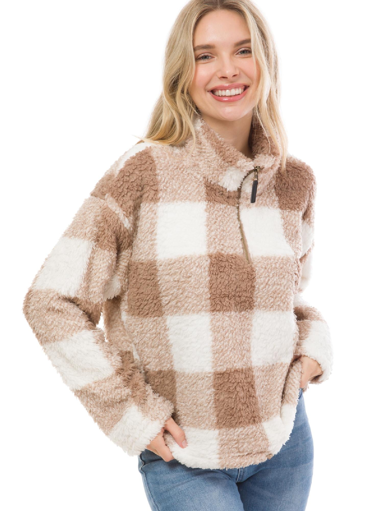 人気ブランドバ40代 Half Sherpa Sleeve Long Women's MixMatchy Zip Checkered Up 服&ファッション小物