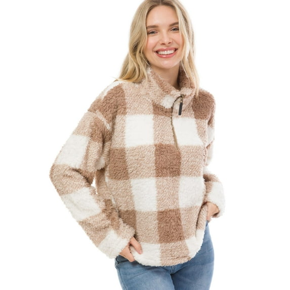 MixMatchy Women's Long Sleeve Sherpa Half Zip Up Checkered Print Soft Pullover