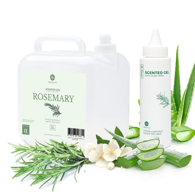 Gel de transmisión conductiva Medvat con aloe vera - Aroma a romero - No irritante - Masaje, estimulación muscular, microcorriente - 5 litros con botella recargable de 247 ml