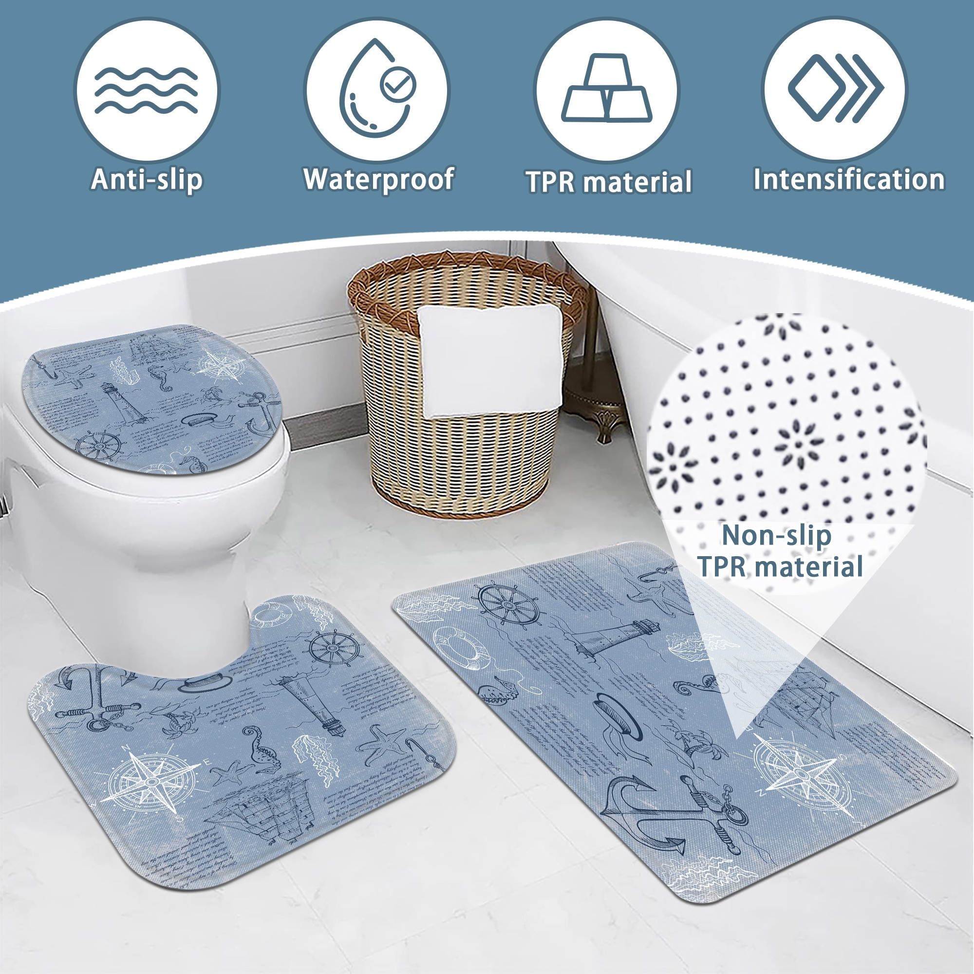 Planially Blue Fabric Shower Curtain and Rug Sets Waterproof 16 Pc Bathroom Set 72" x 72"