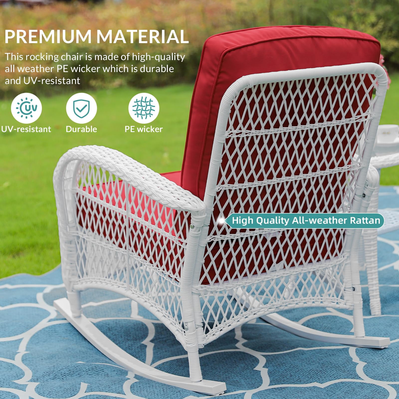 MEETWARM 3 Pieces Patio Conversation Set, Rattan Outdoor Rocking Patio Bistro Set with 2 Rockers and 1 Side Table with 4" Thick Cushions, Outdoor Furniture Set for Porch Backyard, White Wicker/Red