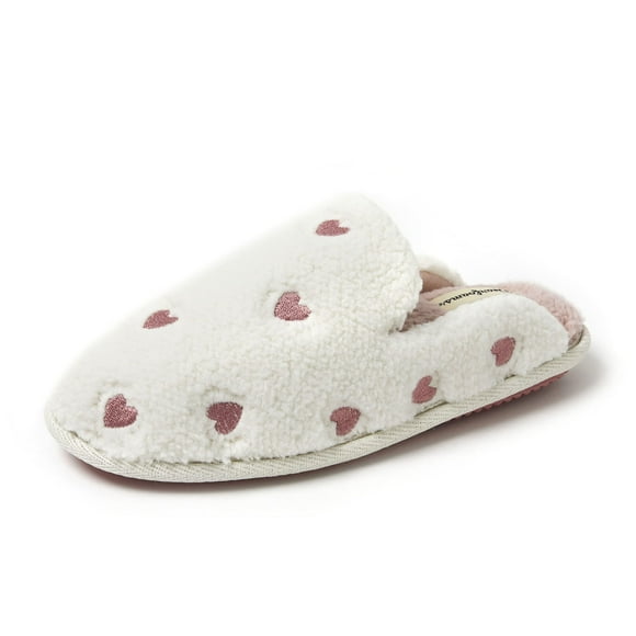 Dearfoams Women's Furry Valentine's Day Slipper, Pink Hearts, Medium