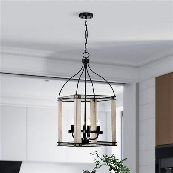 Vander 14 in. 4-Light Indoor Matte Black and Faux Wood Grain Finish Chandelier with Light Kit