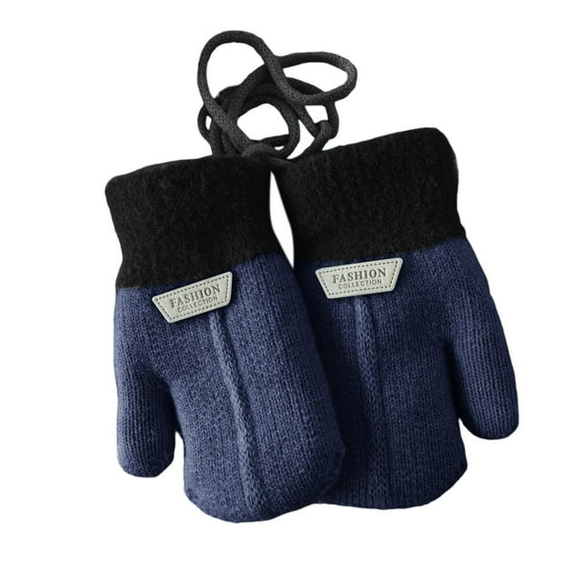 1 Pair Hanging Rope Halter Thickened Fleece Lining Winter Gloves Letter Logo Solid Color Baby Knitting Mittens