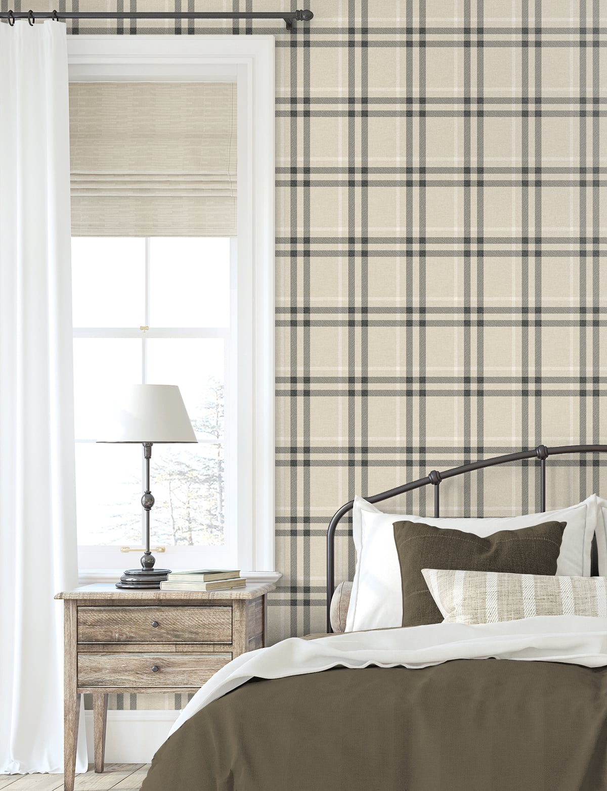 Seabrook Designs Linen & Ebony Calverlay Plaid Prepasted Wallpaper - 20.9 in. W x 33 ft. L Roll