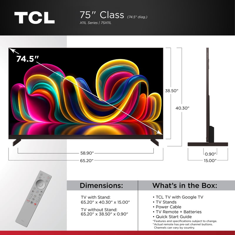 TCL 75” Class X11L Series QLED SQD-Mini LED TV Smart Google TV (NEW 2026) - Deep Color System with Super QLED, Up to LD20000 Precise Dimming Series, Up to HDR10000 Peak Nits, UltraThin Depth - 75X11L front and back view