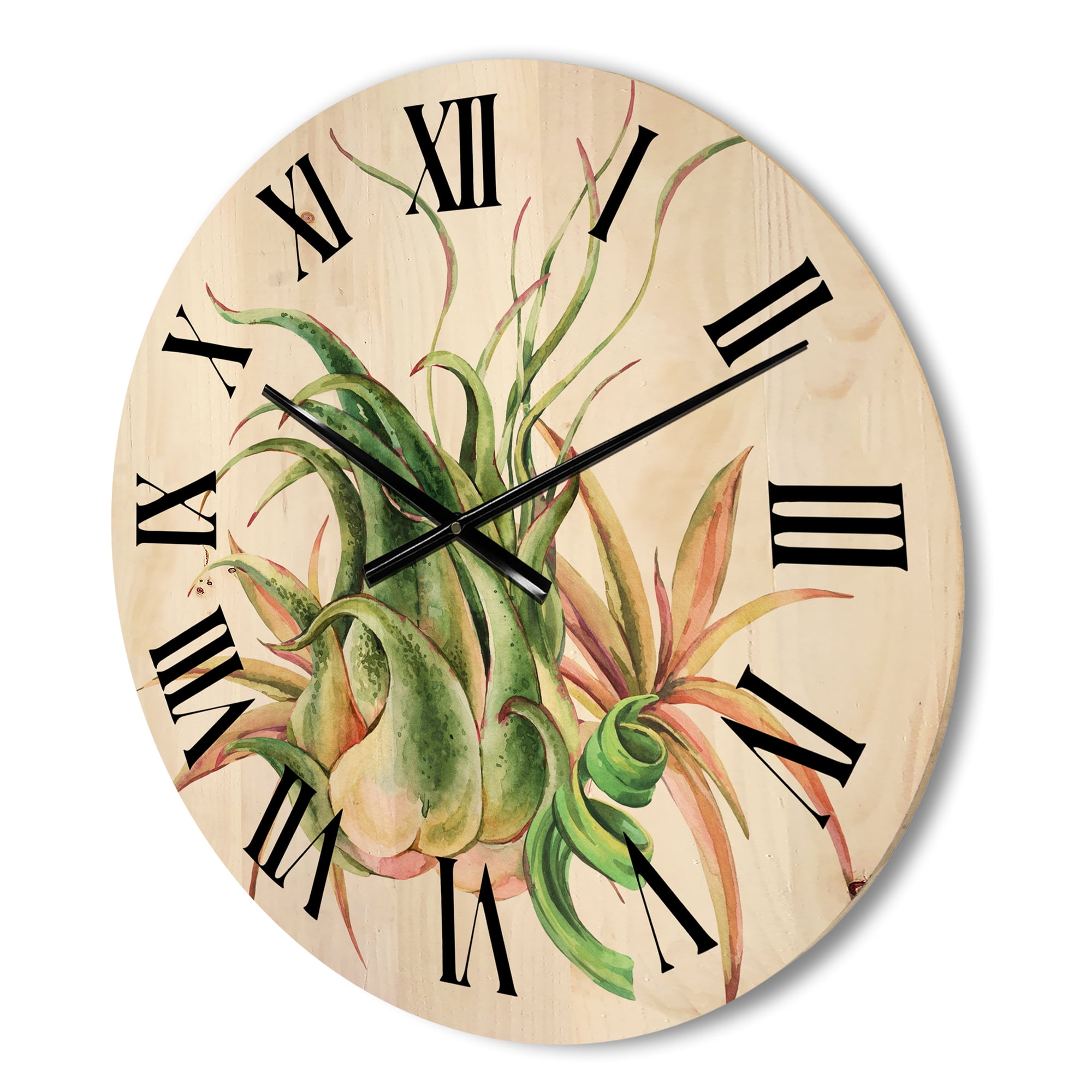 Designart 'Tropical Leaves Air Plant Succulent On White' Farmhouse Wood Wall Clock