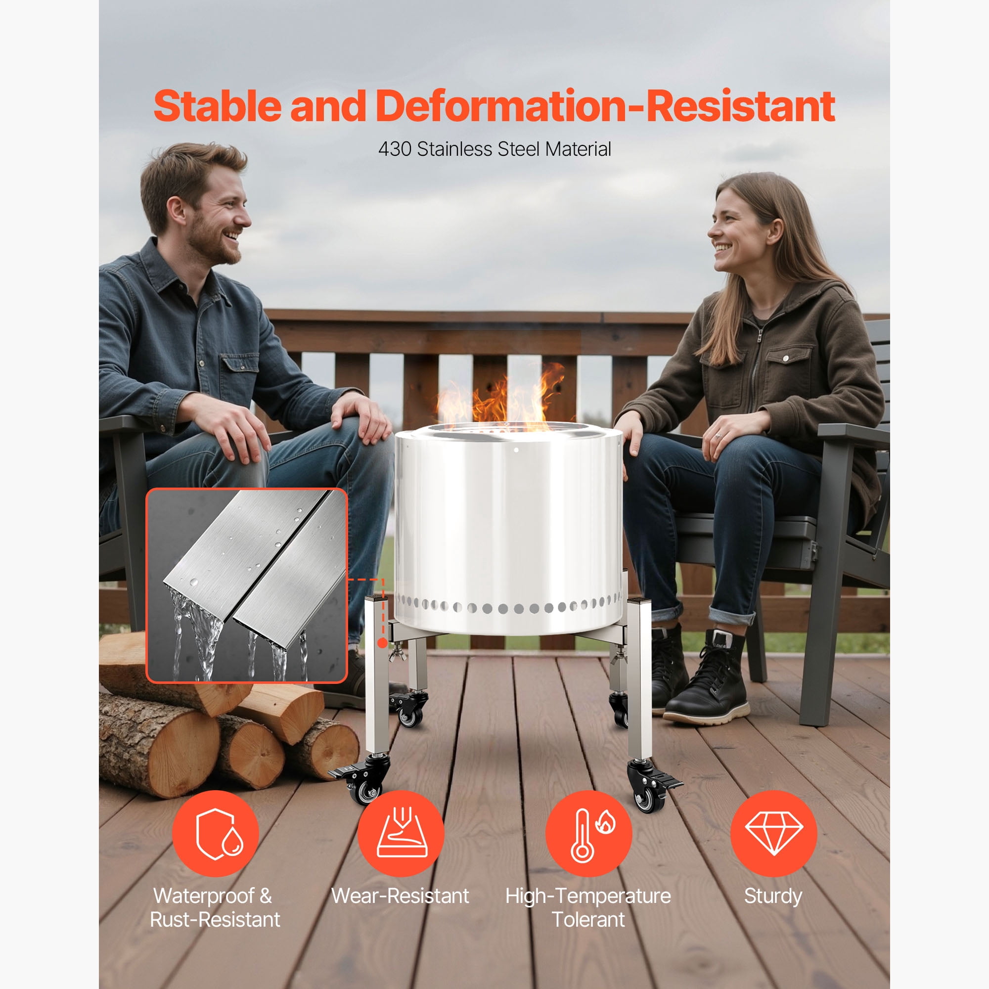 KFFKFF Adjustable Fire Pit Stand with Casters, 15-27 Inch Stretchable Design for Outdoor Firepits, Stainless Steel Accessory for Camping and Fireplace Use