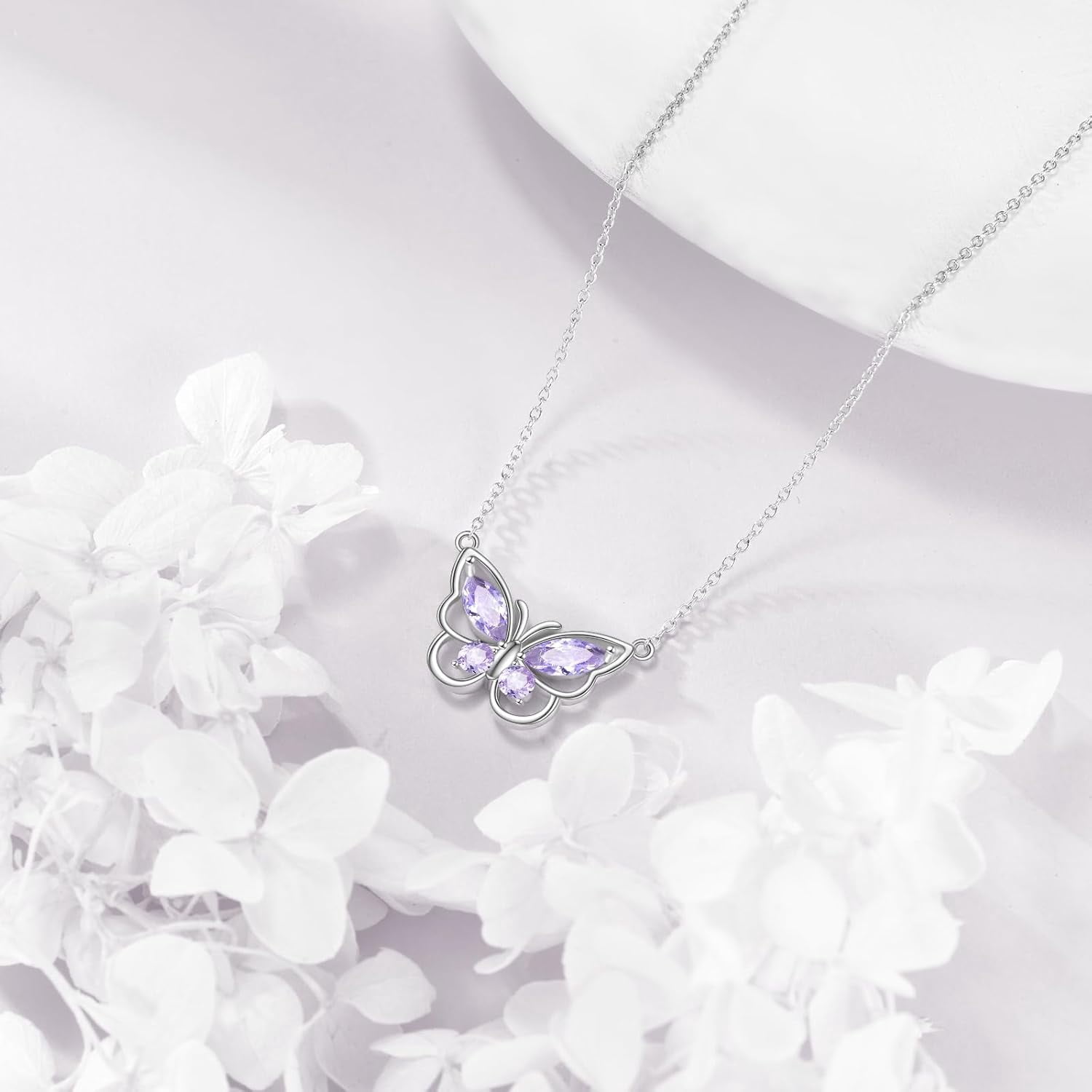 Butterfly Necklace for Women 925 Sterling Silver Crystal Butterfly Pendant Birthstone Amethyst Jewelry Gift