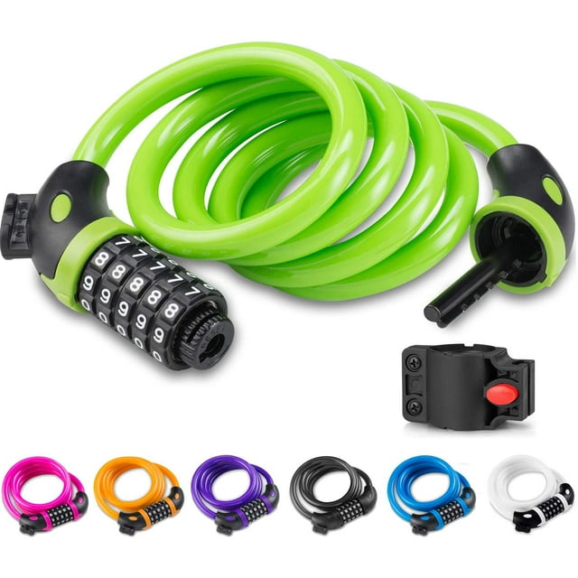 Bicycle Lock with 5-Digit Code, 1.2m Long, Combination Lock Wheel with Cable, Very Light, Safety Wheel Lock for Bicycles, Mountain Bikes and Scooters with Grenn Bracket