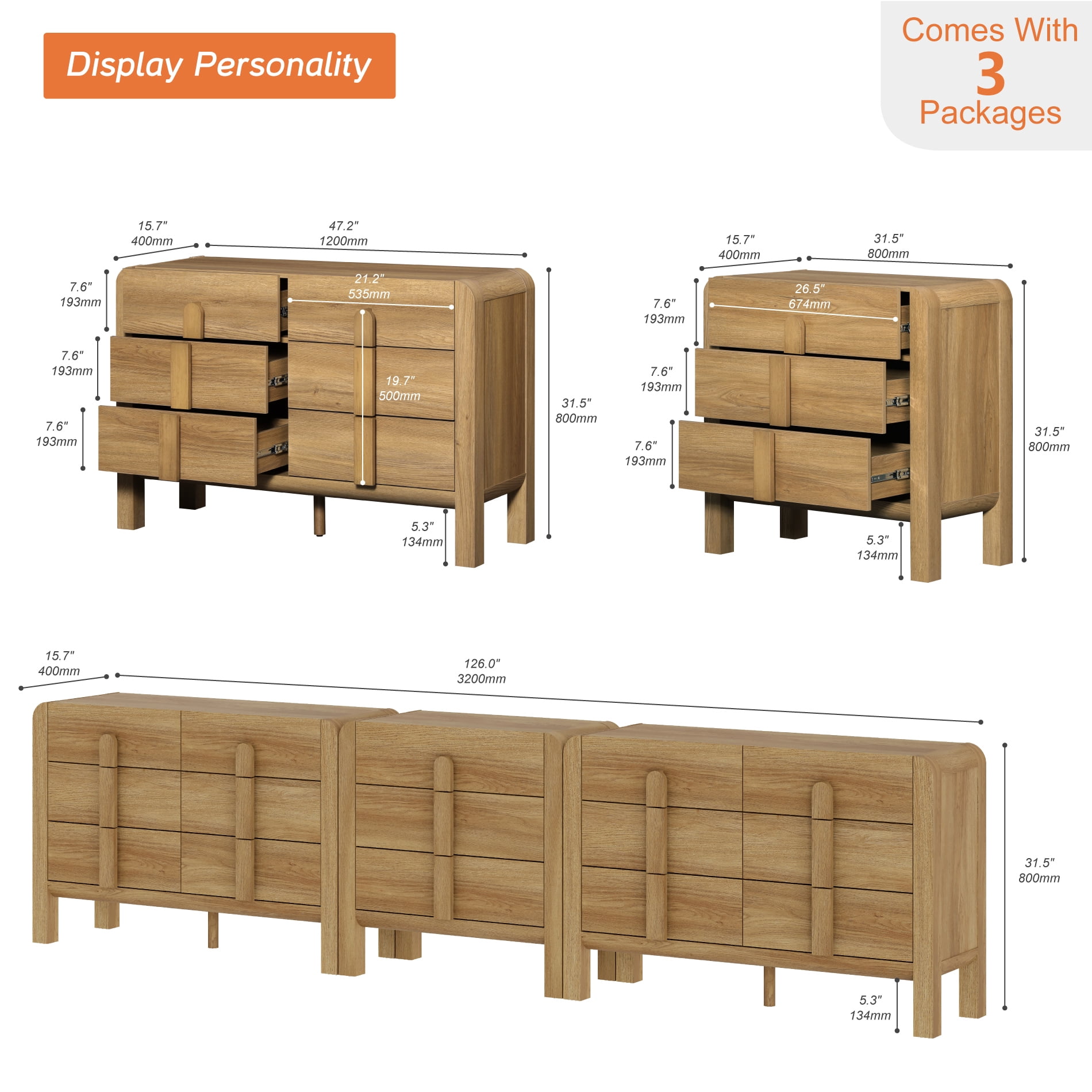 Modern Dresser TV Stand for TVs up to 120 inch, 3-in-1 Wood Media Console Table with 15 Drawers, Mid Century Entertainment Center with Storage for Living Room Bedroom