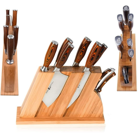 TUO Knife Set 8pcs, Japanese Kitchen Chef Knives Set with Wooden Block, including Honing Steel and Shears, Forged German HC Steel with comfortable Pakkawood Handle, Fiery Series Come with Gift Box