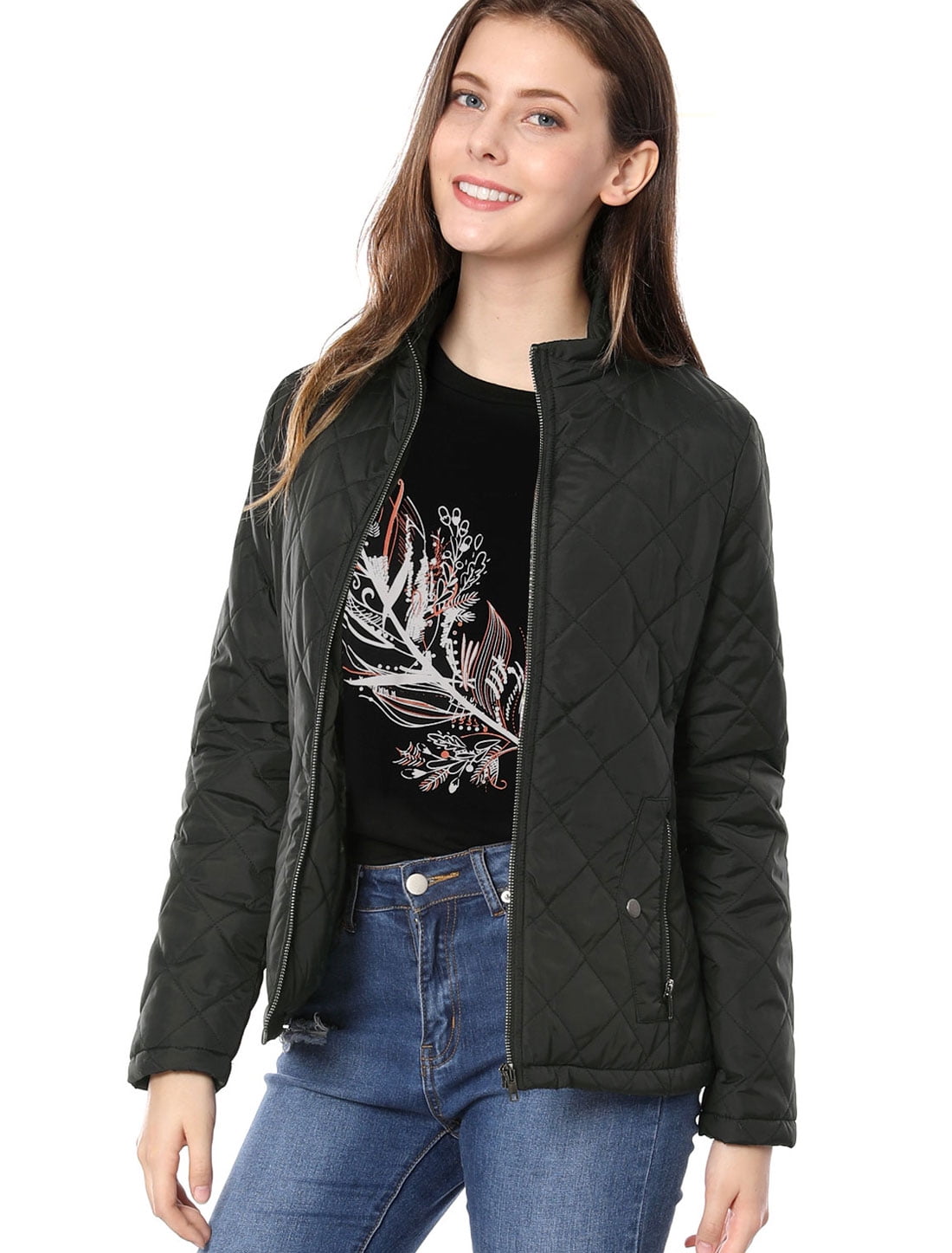 Unique Bargains Women's Zip Stand Collar Lightweight Quilted Jacket