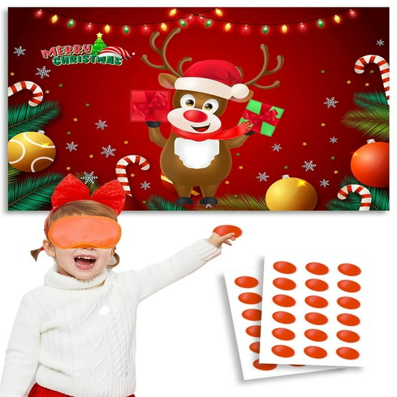 Rudolph's Reindeer Adventure Game Set for Kids - Fun Pin the Nose Challenge with Copperplate Poster, Elastic Blindfolds, and 36 Stickers for Festive Fun!