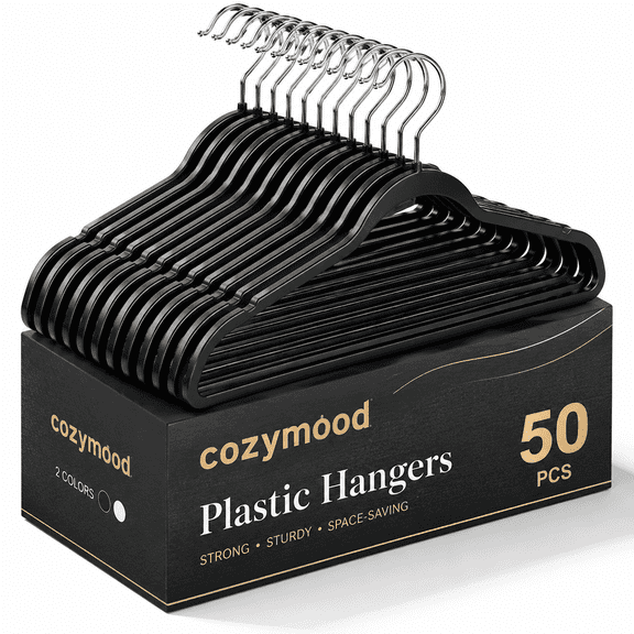 Cozymood Heavy Duty Plastic Hangers 50 Pack, Slim Clothes Hangers with 360° Swivel Hook & Non-Slip Saving Closet Hangers,Black