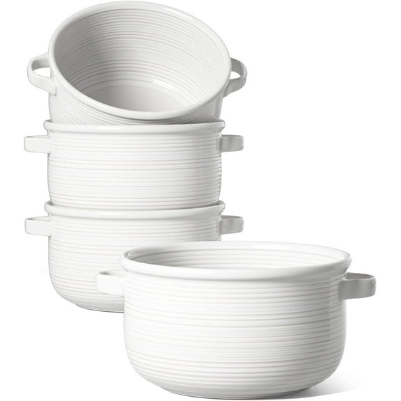 LE TAUCI 28 OZ Ceramic Soup Bowls with Handles, French Onion Soup Bowls for Soup,Stackable Serving Bowls, Oven Microwave Dishwasher Safe, Set of 4, White