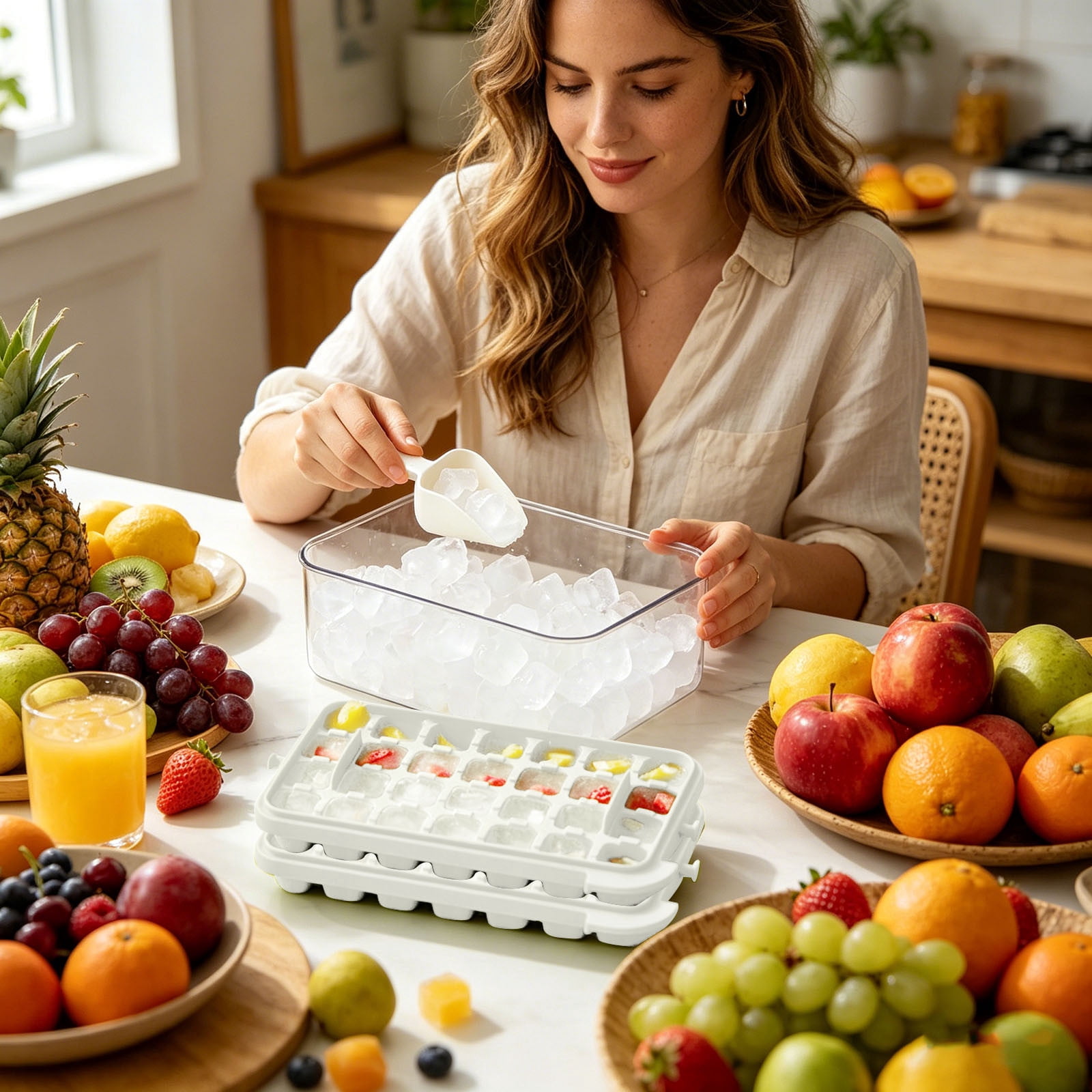 Ice Cube Tray with Lid & Bin 56 Cubes, Stackable Ice Trays for Freezer with Easy Release Silicone Bottom, for Drinks Coffee