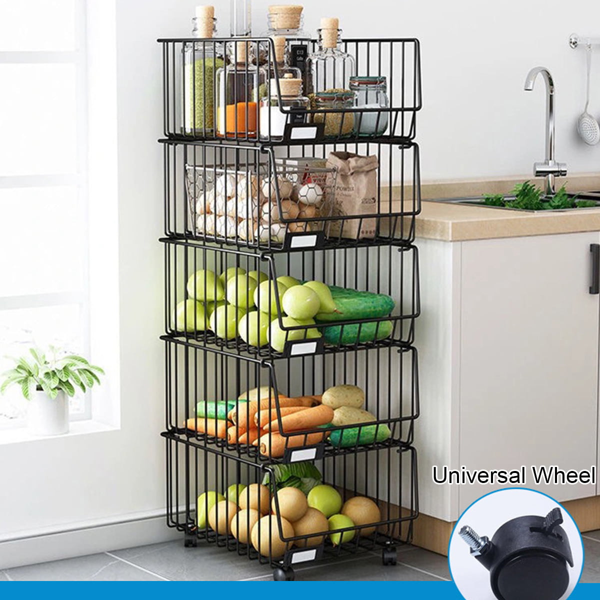 QUALITY 3 TIER KITCHEN FRUIT VEGETABLE STORAGE TROLLEY PLASTIC WITH WHEELS BLACK 