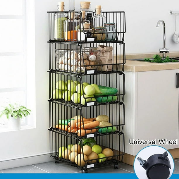 3/4/5 Tiers Rolling Wire Stackable Baskets with Wheels, Organizer