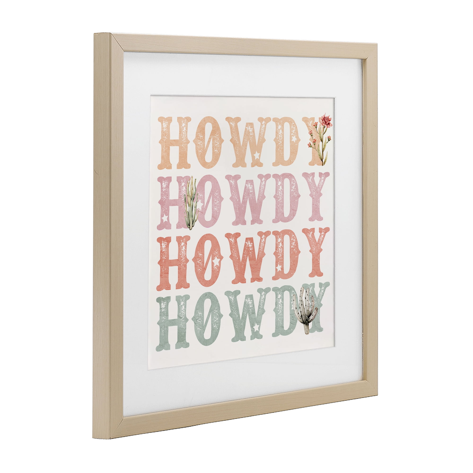 Vintage Howdy Rainbow Text Birch Framed Print Under Glass, design by Kim Allen