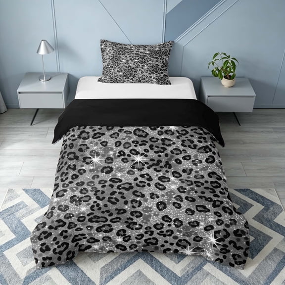 Homewish Gray Leopard Print Twin Duvet Cover for Girls, Animal Themed Twin Bedding, Black Reversible, 2 Piece 1 Duvet Cover and 1 Pillowcase