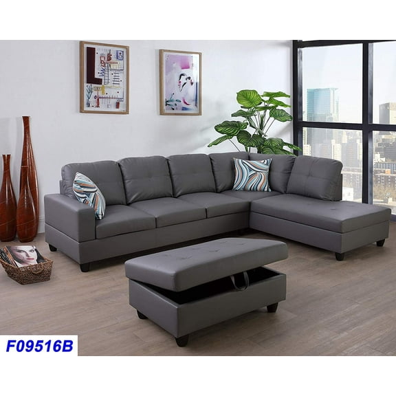 PonLiving Furniture Right Facing 3PC Sectional Sofa Set,Faux Leather,Right Facing Dark Grey PonLiving Right Facing 3PC Sectional Sofa Set,Faux Leather,Right Facing Dark Grey