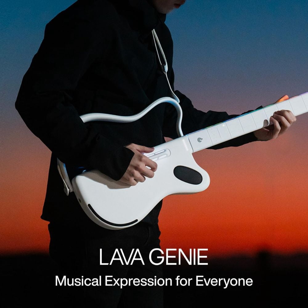 LAVA GENIE 9270002 Sampler Guitar, No Strings Attached, Hundreds of Instrument Presets, Onboard Speaker, Foldable, Detachable, White, 30.5 inch.