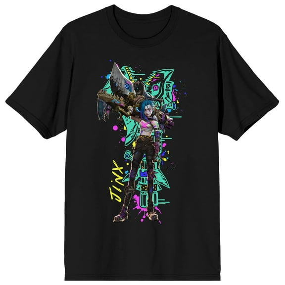 Arcane Jinx with her shark rocket launcher graffiti neon back on black ground Adult Crew Neck Short Sleeve T-shirt - Medium