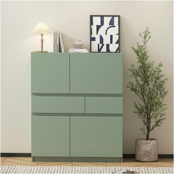 JERFIT 4-Door 2-Drawer Pale Green Storage Cabinet, Wood Grain Freestanding Organizer for Kitchen, Living Room, Bedroom