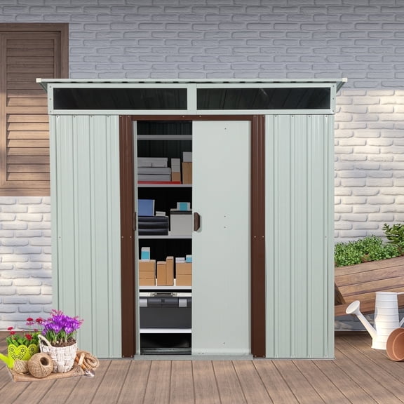 CarButler 6x5ft Metal Outdoor Storage Shed with Transparent Plate and Lockable Sliding Doors for Garden Backyard Patio White