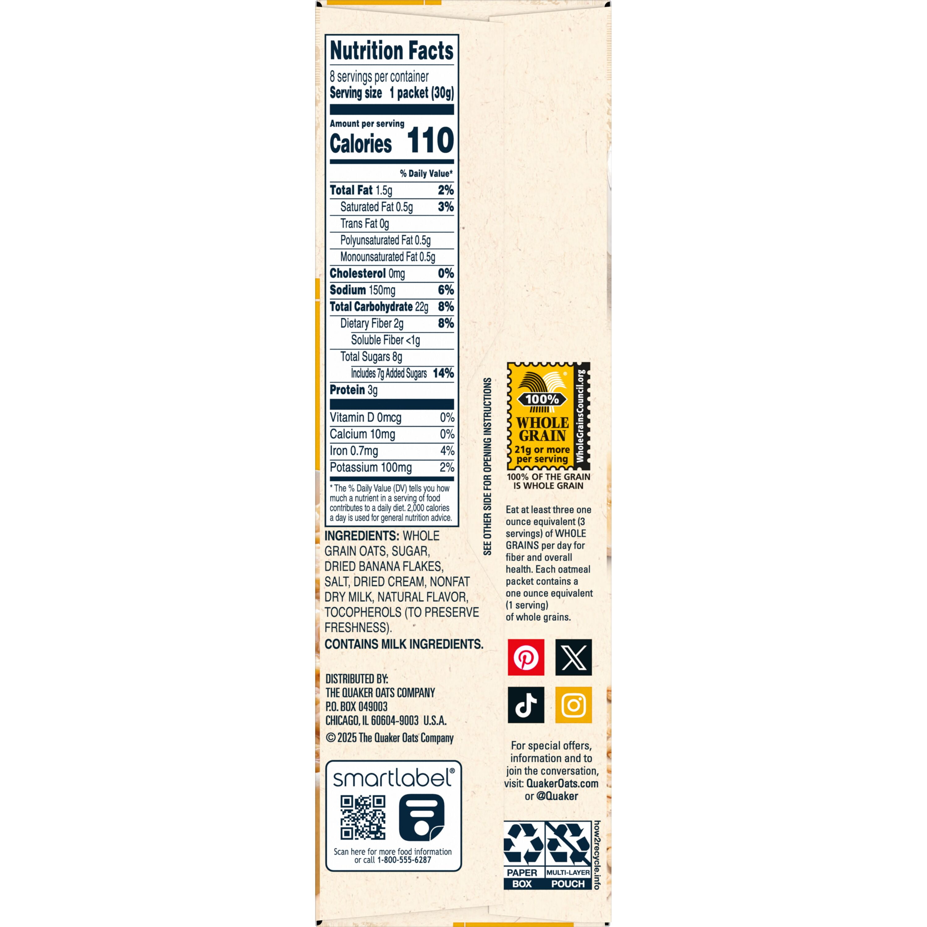 Quaker Instant Oatmeal Bananas & Cream 1.05 Oz 8 Count