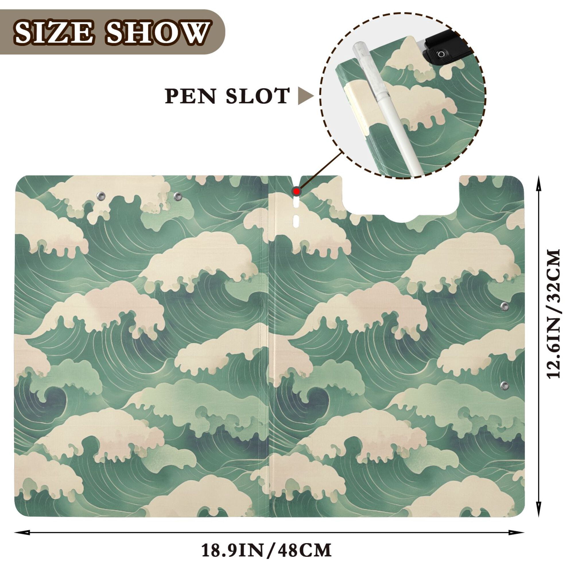 FORMRS A4 Clipboard Folder with Pen Holder Horizontal Foldable School Office Binder, Green Wave Pattern