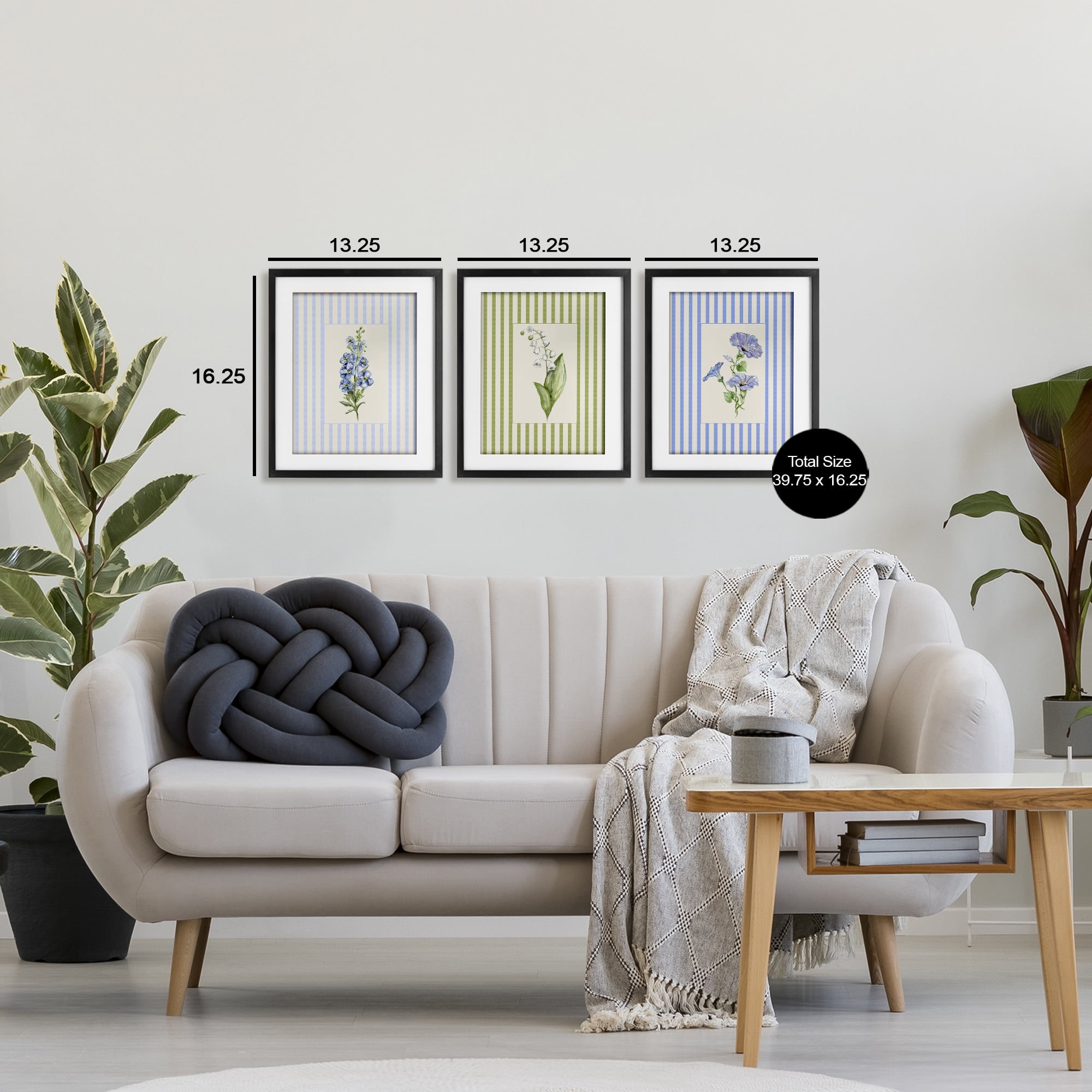 Soft Stripe Cottage Blooms 3 Piece Black Framed Print Under Glass Set, design by Lisa Wehmeyer