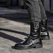 Vintage Engineer Biker Boots for Men, Side Zipper Thick Platform Mid-Calf Leather Boots with Adjustable Metal Buckles