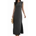 thumbnail image 2 of Ipladies 2025 Women Summer Round Neck Casual Loose Split Wrinkle-Free Long Maxi Vacation Dress with Pockets Dark Gray M, 2 of 9