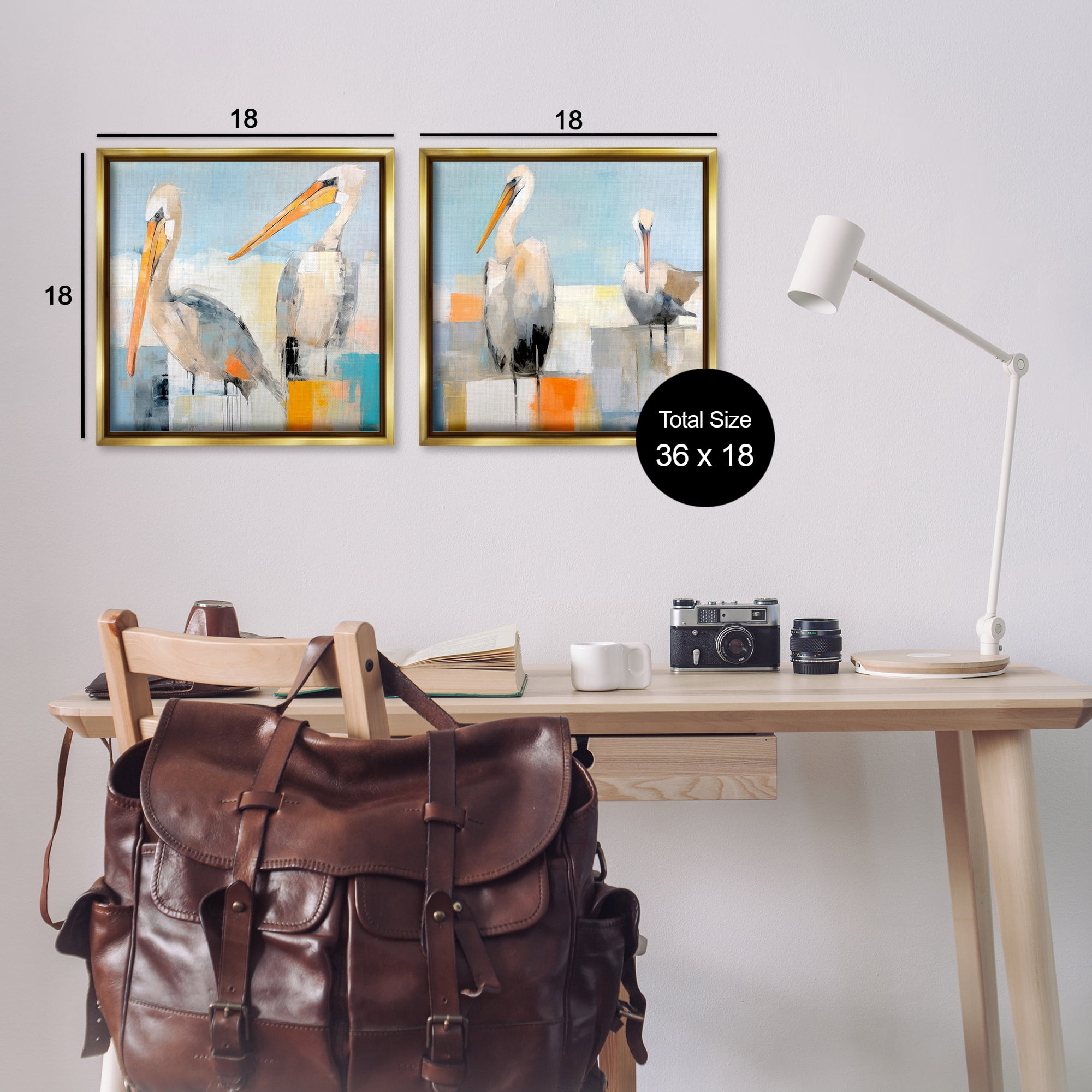 Stupell Industries Abstract Color Block Pelican Pair Animals Painting Gold Floater Framed Canvas Art Print Wall Art, 18 x 18, Set of 2