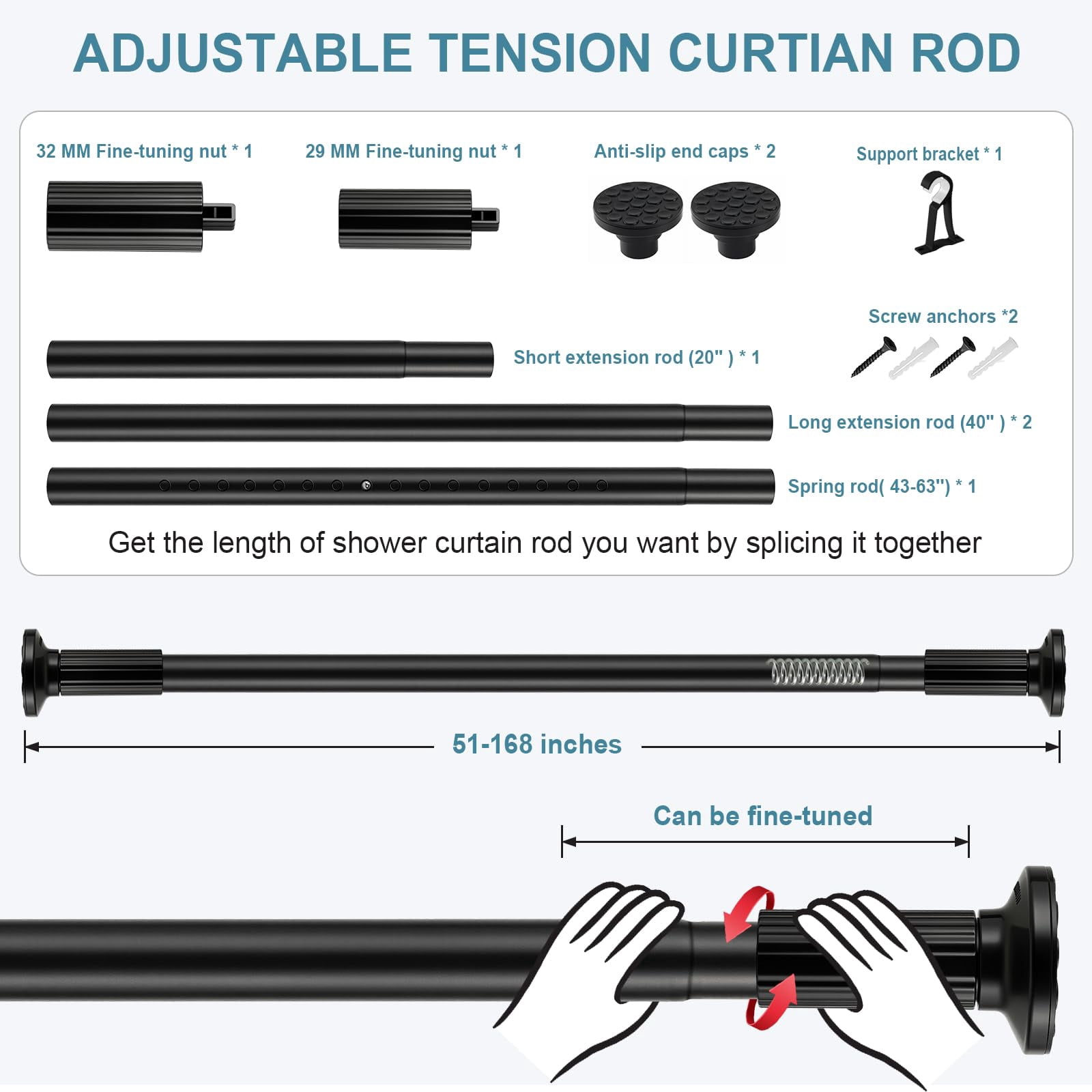 VEGCOO Tension Curtain Rod 51-168 In (4.25-14 Ft), Extra Long Outdoor Curtain Rod No Drilling for Patio Window, Adjustable Shower Curtain Rod for Bathroom, Tension Rod Diameter 1.26In ,Black