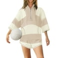 thumbnail image 2 of Women's Striped Two Piece Set Workout Lounge Shorts Outfit Oversized Comfy with Pockets Khaki L, 2 of 9