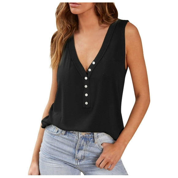 Scyoekwg Débardeurs pour Femmes Confortables Blouses Amples Couleur Unie Col en V Débardeurs Basiques Décontractés d'Été pour Dames (Noir, m)